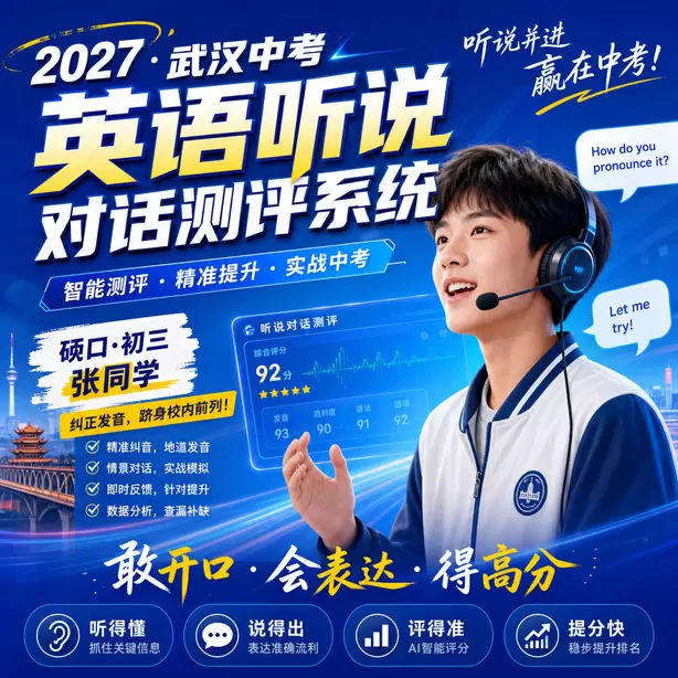 2027武汉中考听说全真模拟，人机对话仿真考场体验硚口&middot;初三张同学（纠正发音，跻身校内前列）